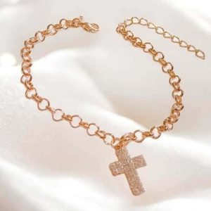 Pulseira elo português Cruz em zircônias folheado à ouro