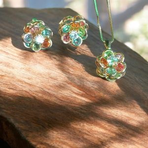 Conjunto Flores coloridas Folheado à ouro